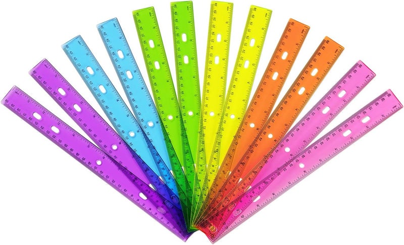 ZZTX 12 Pack Color Transparent Ruler Plastic Rulers 12 Inch, Metric Bulk Rulers with Inches and Centimeters, Kids Ruler for School, Home, Office - Image 1